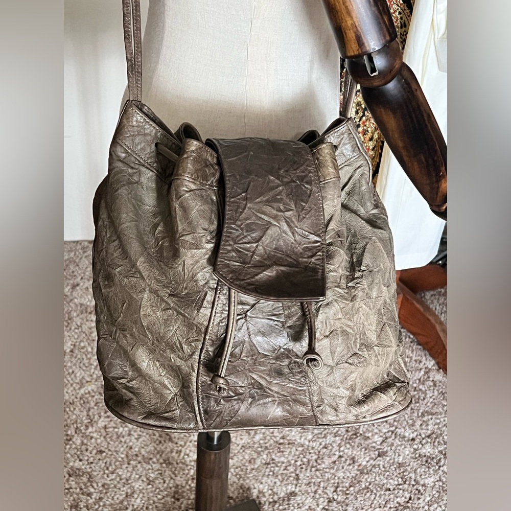Vintage Brio Leather Handbag Crinkle Slouch Olive Green Leather Crossbody Purse